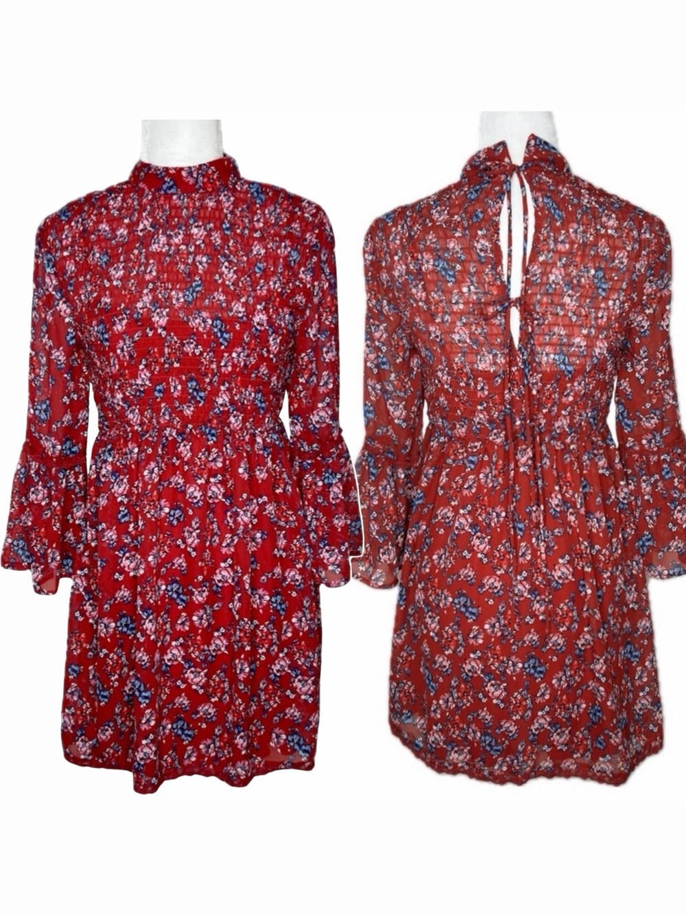 Mini Dress Boho Floral Smocked Semi Sheer Bell Sleeve Red Small City Triangles